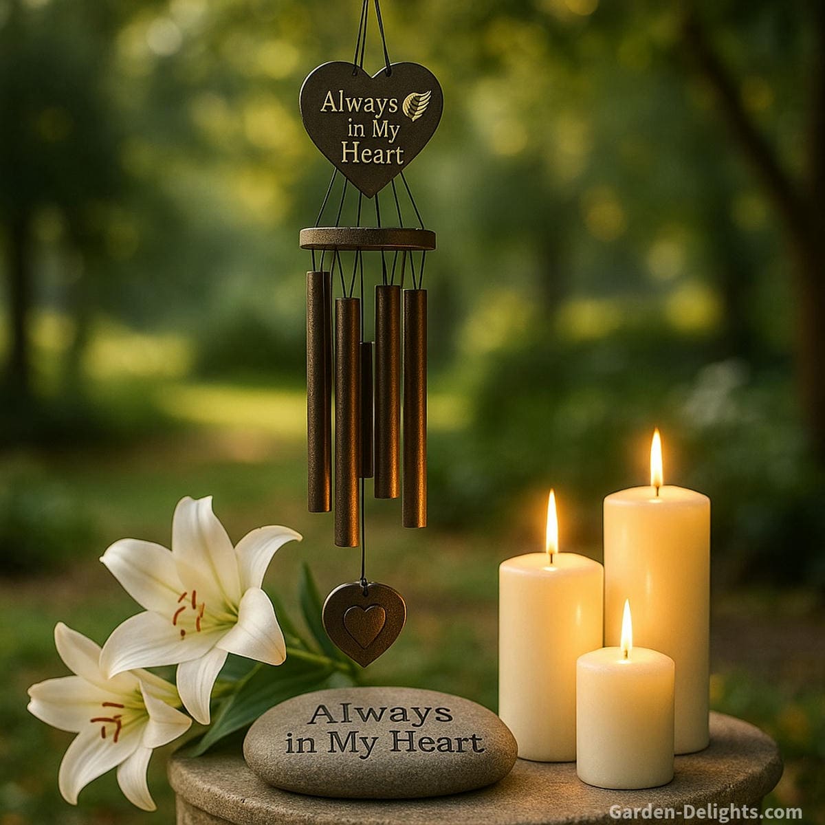 Memorial and sympathy wind chimes hanging in a tranquil garden near white lilies and candles, symbolizing remembrance, emotional healing, and peaceful reflection after loss
