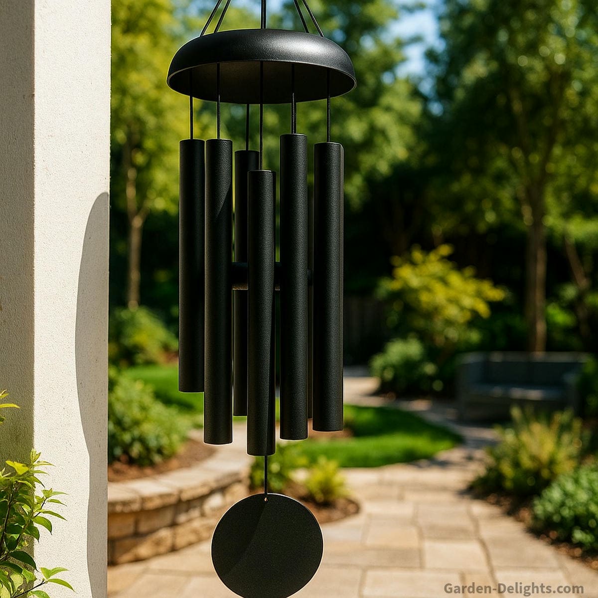 Metal wind chimes hanging on a peaceful patio, their shimmering tubes reflecting sunlight and producing resonant tones that symbolize clarity, strength, and Feng Shui balance of the Metal element