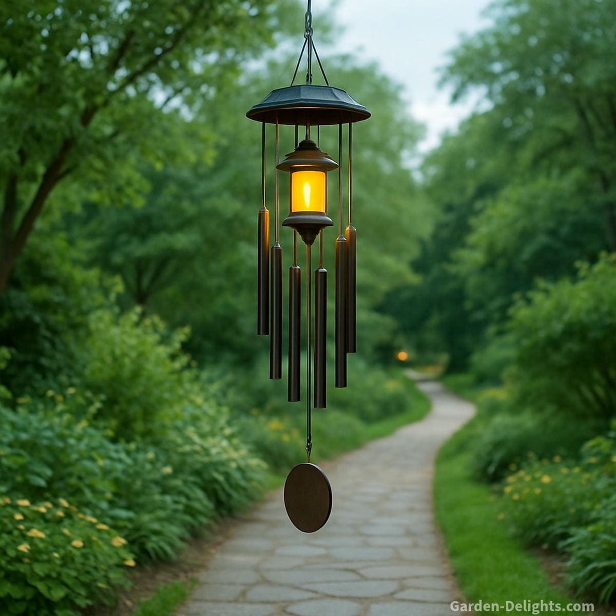 Solar wind chimes glowing softly at twilight with warm LED lights above a peaceful garden path, symbolizing energy harmony, nighttime serenity, and illuminated spiritual presence