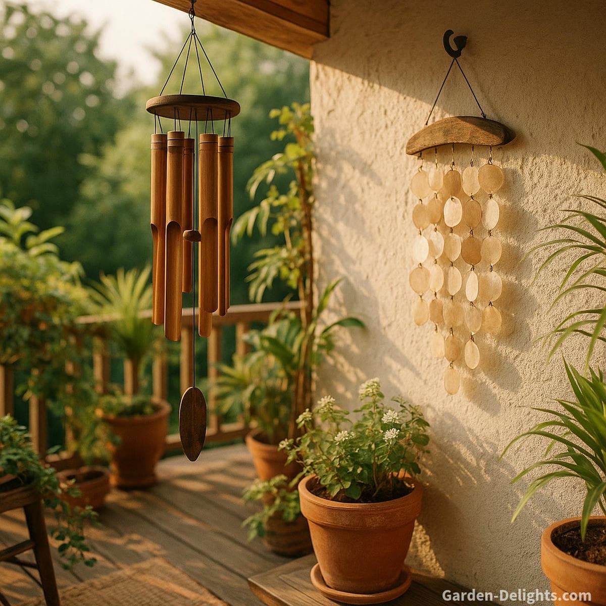 Untuned bamboo and shell wind chimes hanging in a cozy, bohemian balcony garden with sunlight filtering through plants—symbolizing free-spirited sound, natural movement, and relaxed energy flow