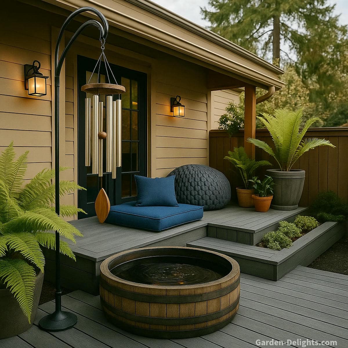 Wind chime hanging from a curved shepherd’s hook near a water feature on a grey wood deck with a beige house backdrop and soft blue meditation pillows—symbolizing calm placement, Feng Shui harmony, and peaceful garden resonance