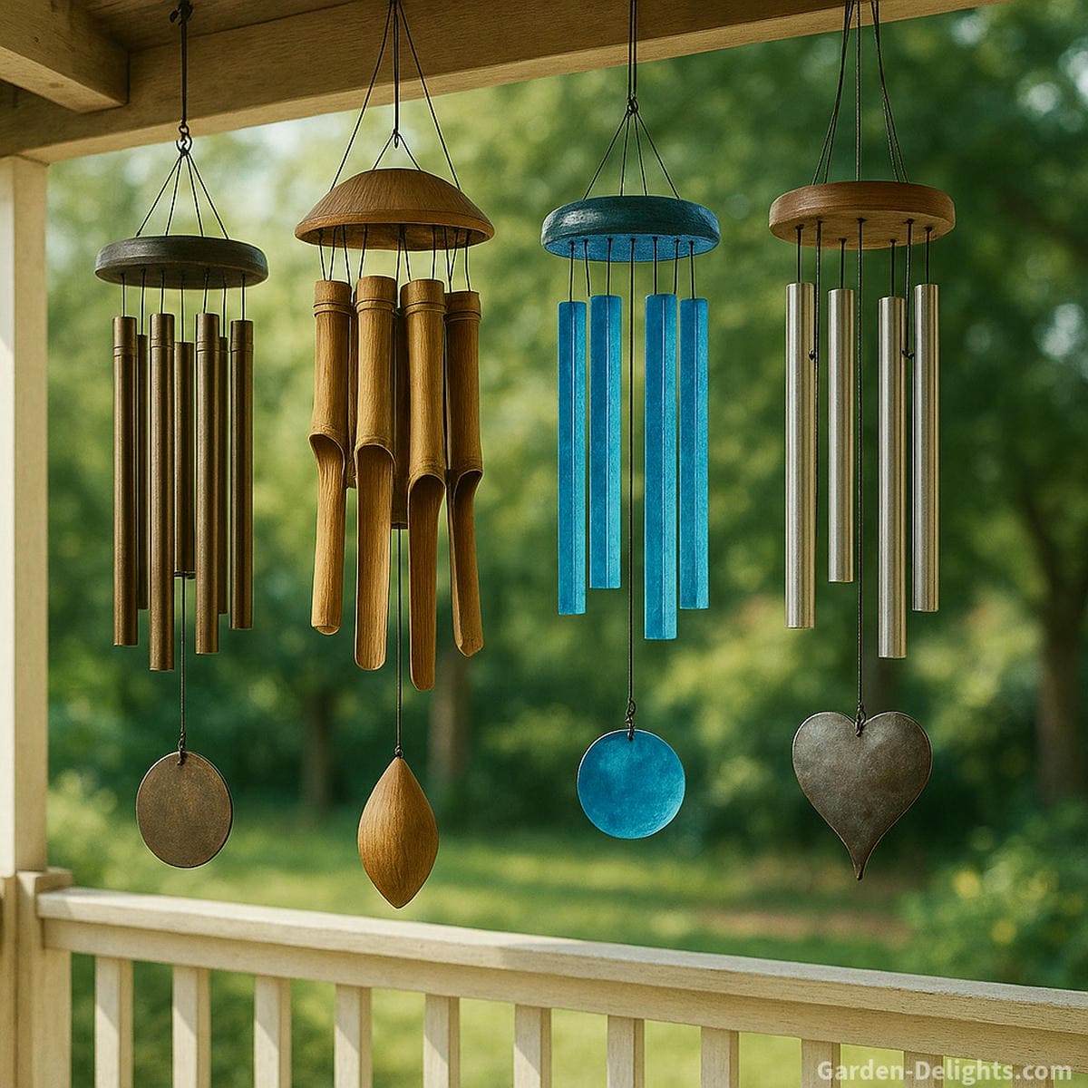 Wind chimes hanging peacefully on a porch, each representing emotional healing, spiritual protection, remembrance, and Feng Shui energy flow