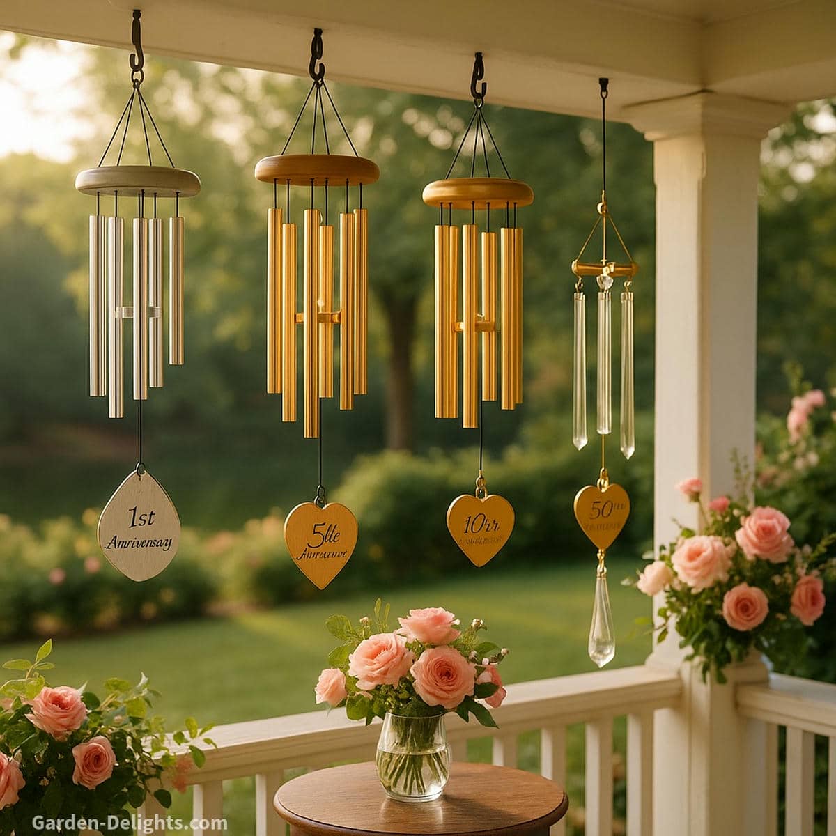 Milestone anniversary wind chimes with silver, gold, and crystal accents displayed on a romantic porch, symbolizing 1st, 5th, 10th, 25th, and 50th anniversary celebrations