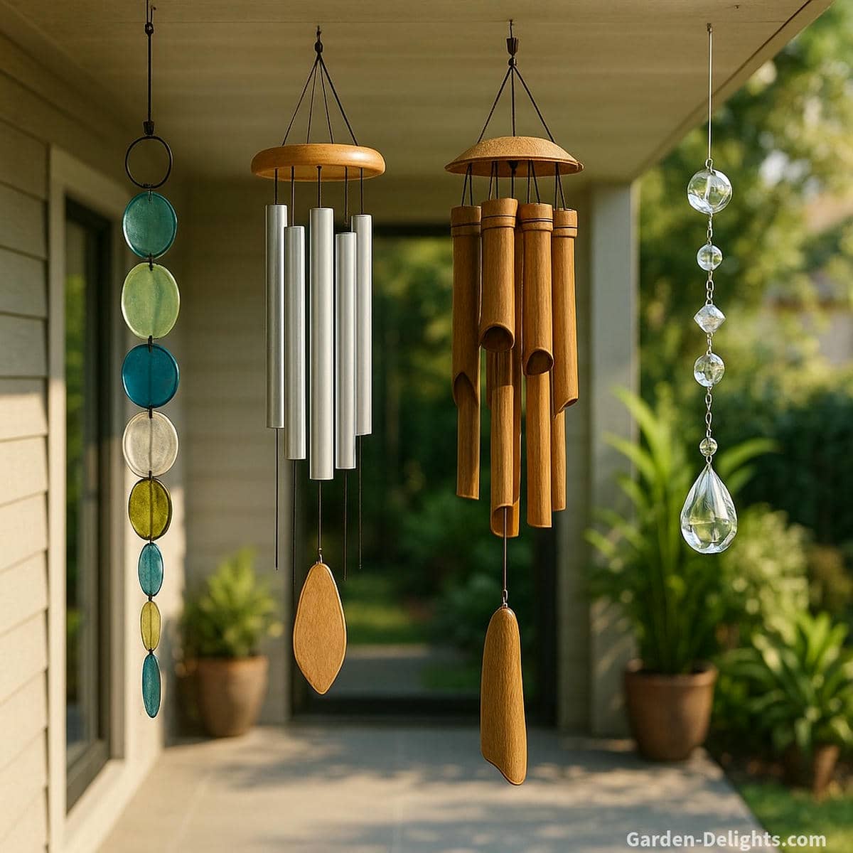 Glass, aluminum, bamboo and crystal housewarming wind chimes displayed on a modern porch with greenery and warm natural light, showing a range of tones, décor styles, and Feng Shui elements for new-home gifting
