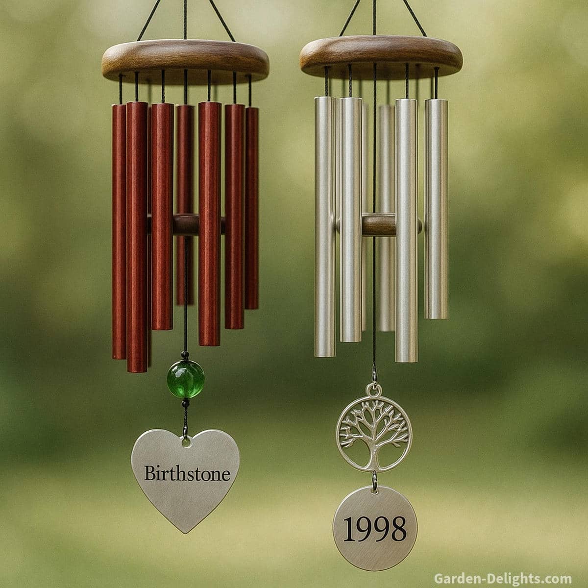 Birthstone and milestone-year wind chimes with gemstone-inspired colors, engraved dates, and symbolic charms hanging in soft natural light, representing emotional connection and family memory