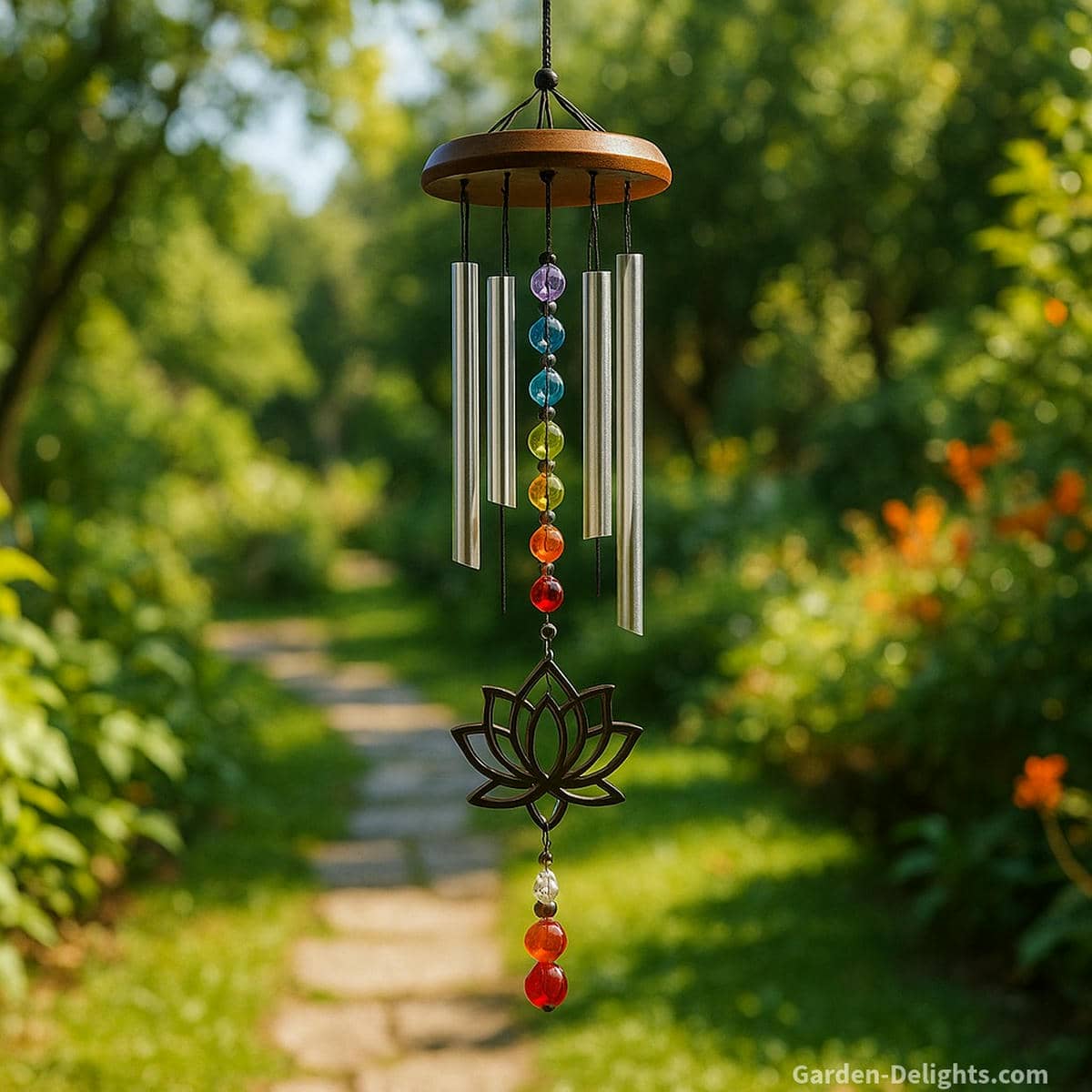 Chakra and healing wind chimes with crystal beads and seven-color strands hanging in a sunlit meditation garden, symbolizing emotional healing, spiritual milestones, and meaningful gifting occasions