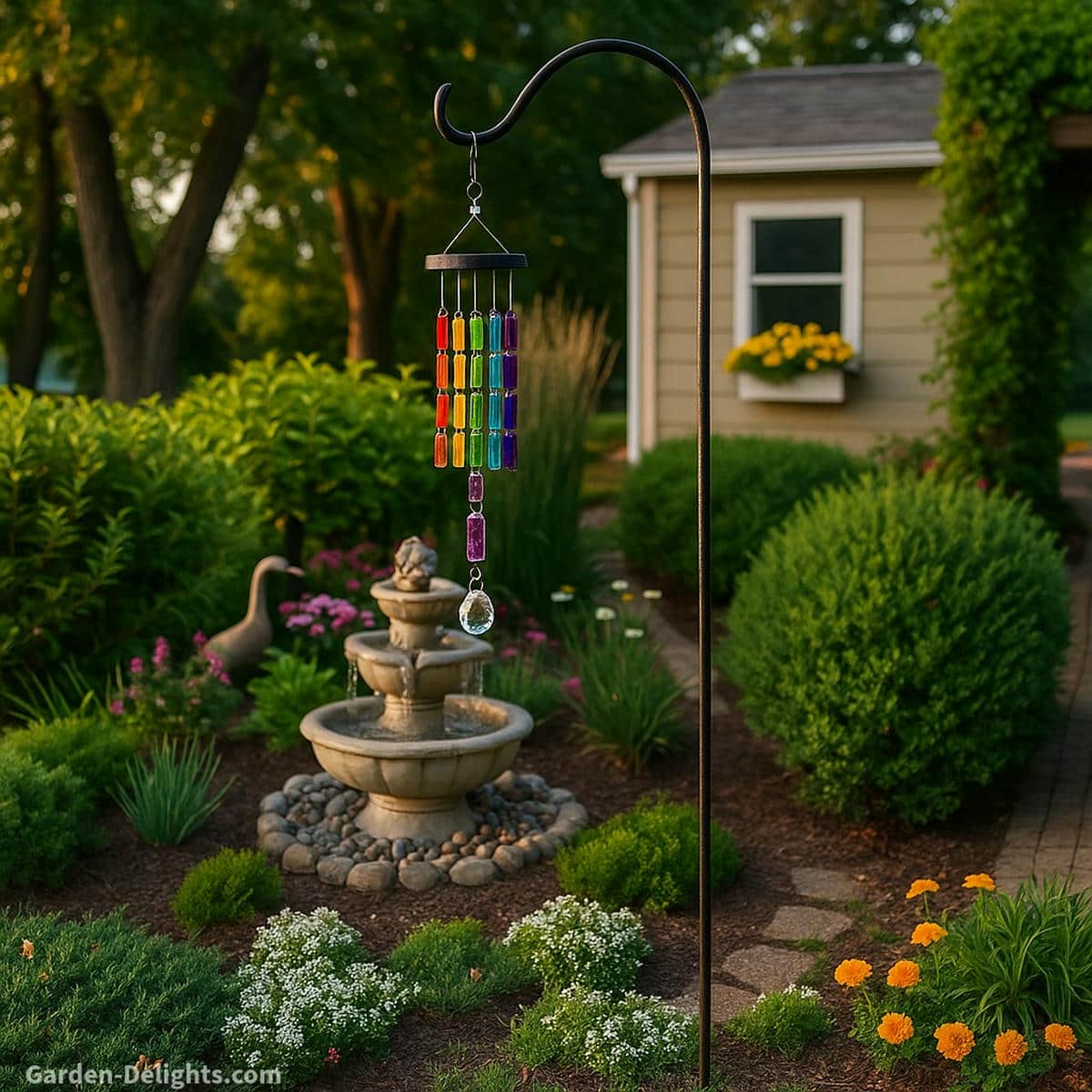 Chakra healing wind chimes with seven-color crystal strands hanging from a shepherd’s hook beside a stone garden fountain, set in a tranquil healing garden with flowers, greenery, and a grey shed with yellow blooms symbolizing emotional renewal and mindful spiritual gifting