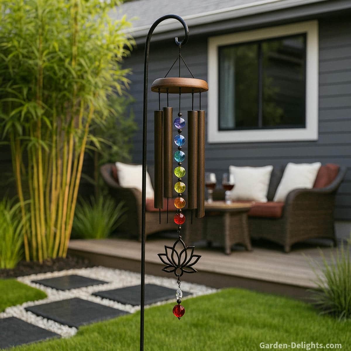 Chakra and healing wind chimes with crystal beads and bamboo accents hanging from decorative shepherd’s hooks in a modern Zen garden with stone paths, moss beds, red-cushioned wicker seating, and a peaceful meditation atmosphere making them meaningful spiritual wind chime gifts for mindfulness and healing