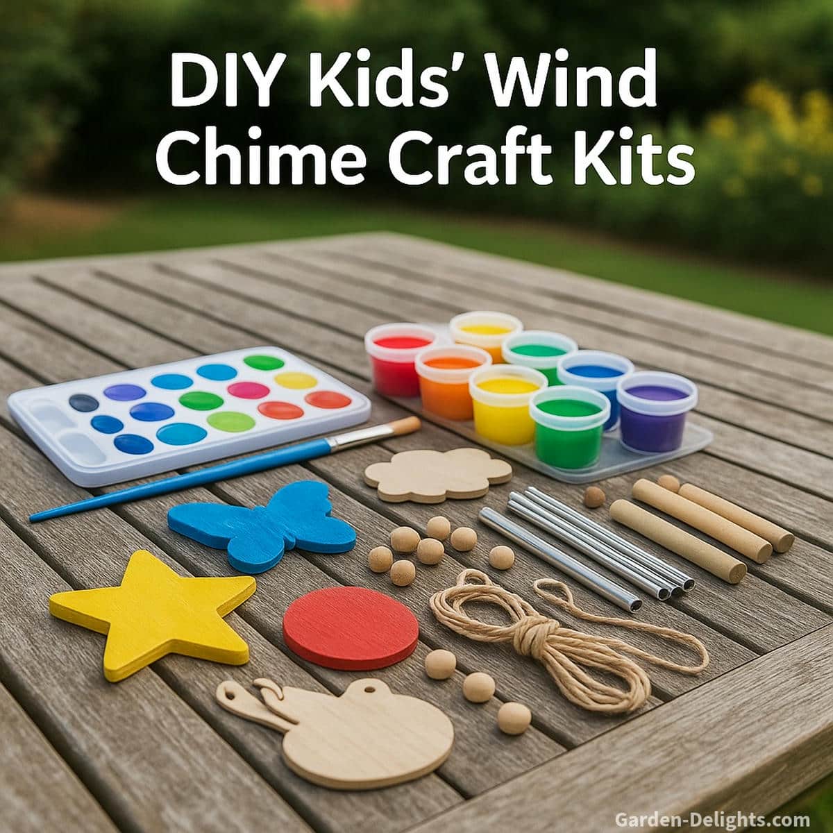 DIY kids’ wind chime craft kit with colorful paint, wooden shapes, and kid-safe pieces displayed on an outdoor table symbolizing creativity, STEAM learning, and meaningful handmade wind chime gifts for children and families