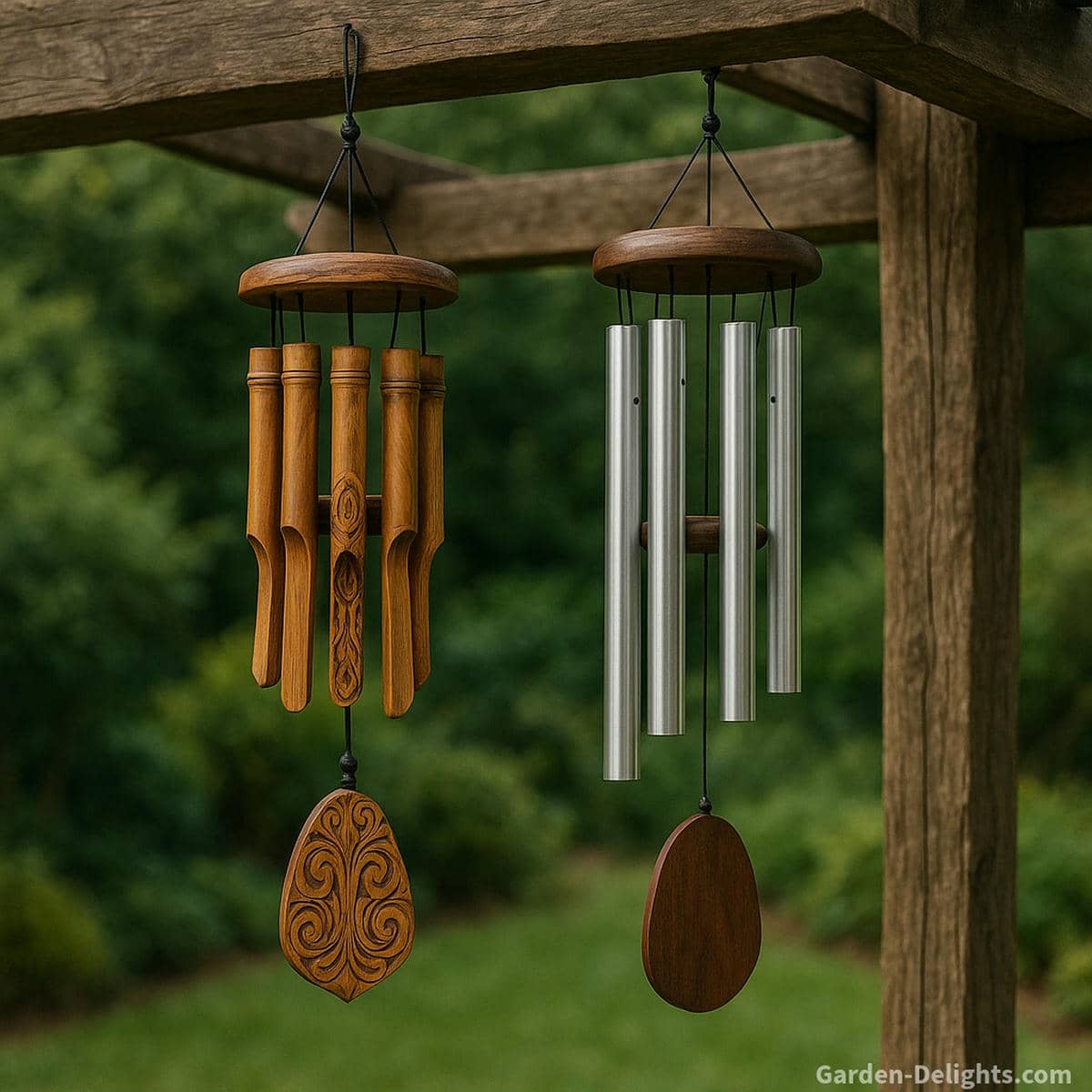 Father’s Day bamboo and deep-tone aluminum wind chimes hanging from a rustic wooden pergola with earthy colors, grounding resonance, and masculine outdoor style