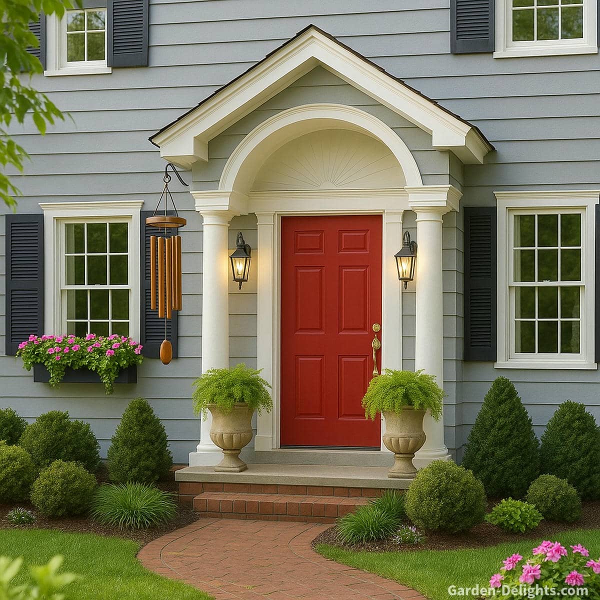 Housewarming wind chimes hanging from a hook on the front porch overhang of a grey home with a red door, bright daylight greenery, and warm lantern light, symbolizing positive Chi, home protection, and new-beginning harmony in Feng Shui traditions