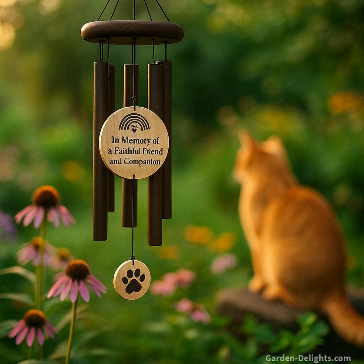 Pet loss memorial wind chimes with paw print charm and rainbow bridge motif hanging in a peaceful garden, honoring the memory of a beloved dog or cat with gentle healing tones