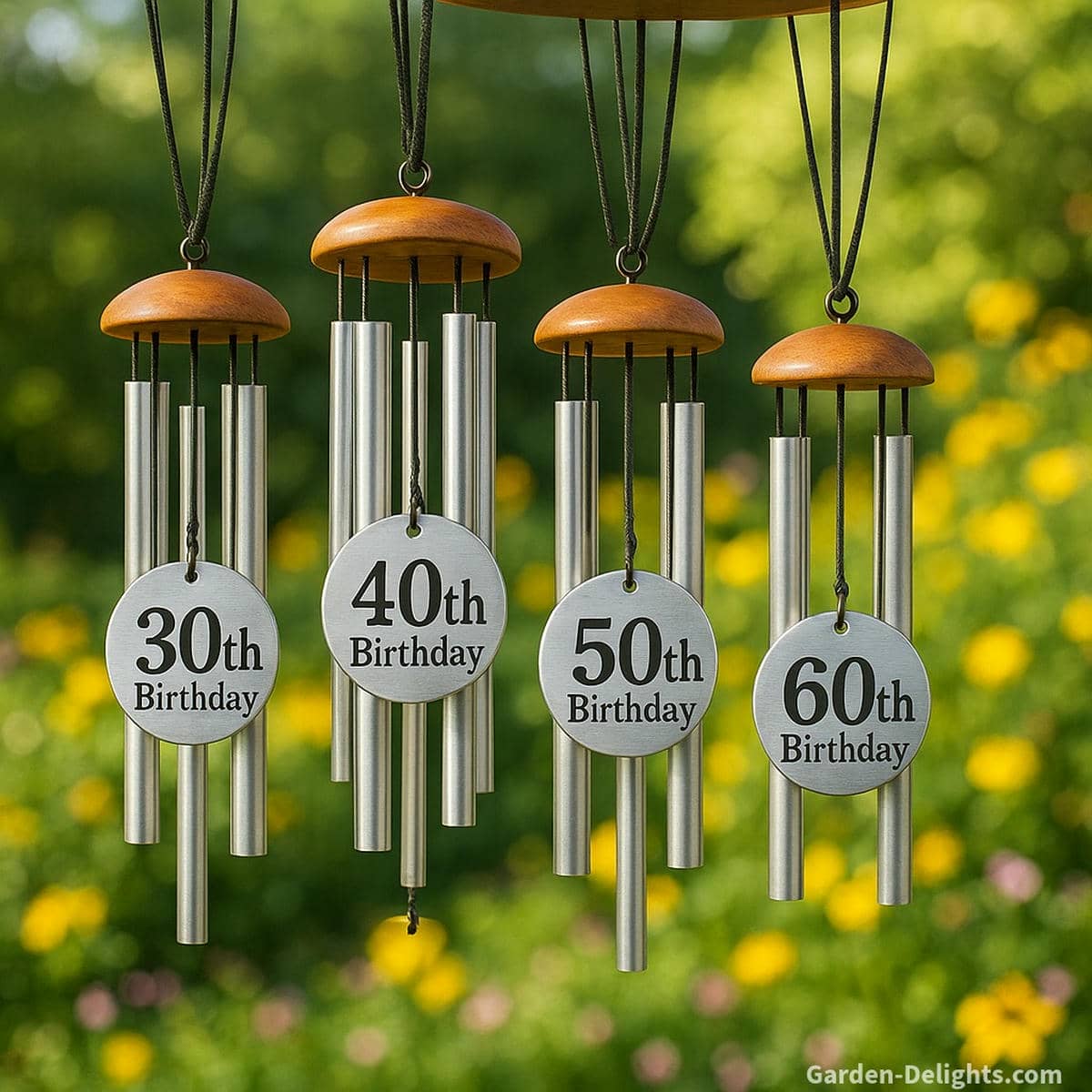 Milestone birthday wind chimes with engraved 40th, 50th, and 60th birthday charms hanging in a bright garden celebrating major life moments and joyful transitions