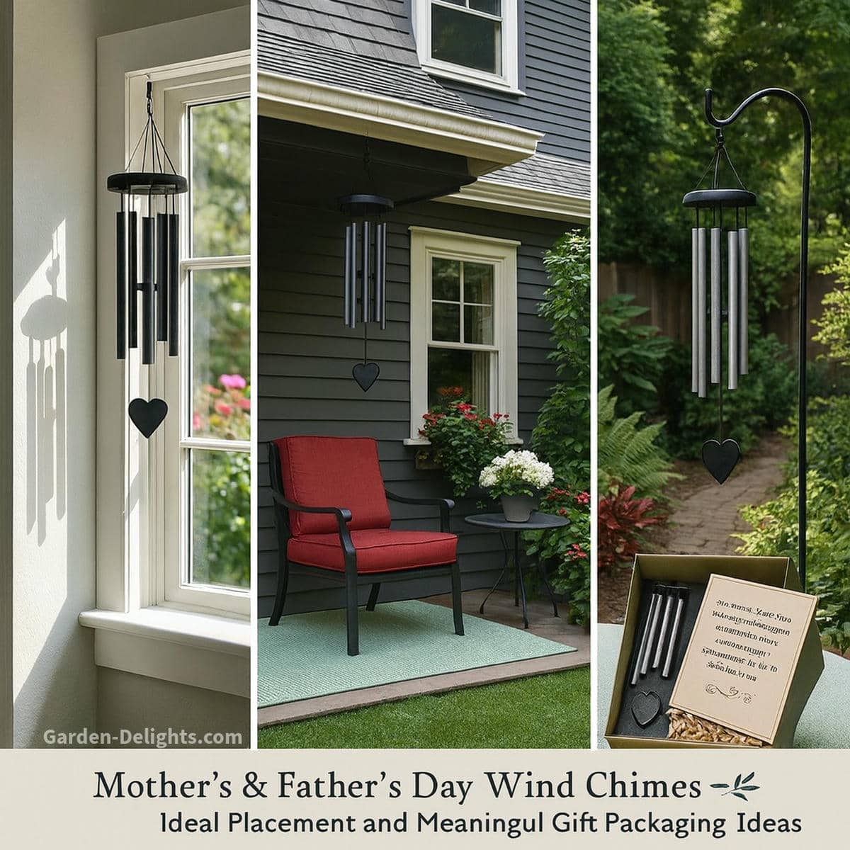 Mother’s and Father’s Day wind chimes displayed in a peaceful garden patio with a seafoam outdoor rug, black furniture with red cushions, a grey home with white trim, and two chimes one on a shepherd’s hook and one hanging from the overhang symbolizing calming sound and meaningful placement
