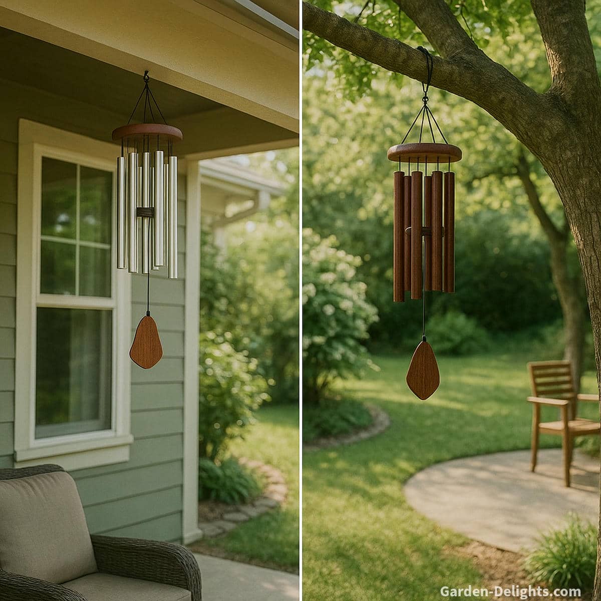 Wind chimes for Mother’s Day and Father’s Day hanging on a porch beam, garden tree, and sunny window, showing ideal placement for soft nurturing tones and grounding outdoor resonance