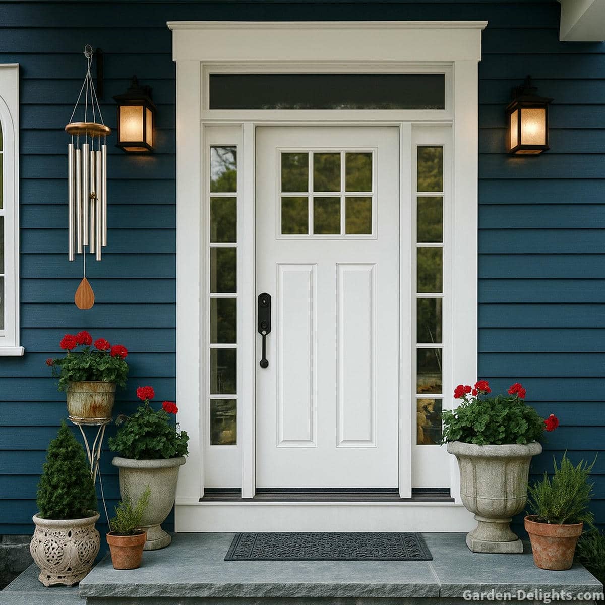 New home blessing aluminum wind chimes hanging beside a white front door on a blue house with a gray entry step, surrounded by potted greenery and soft natural light to welcome prosperity, protection, and positive Chi.