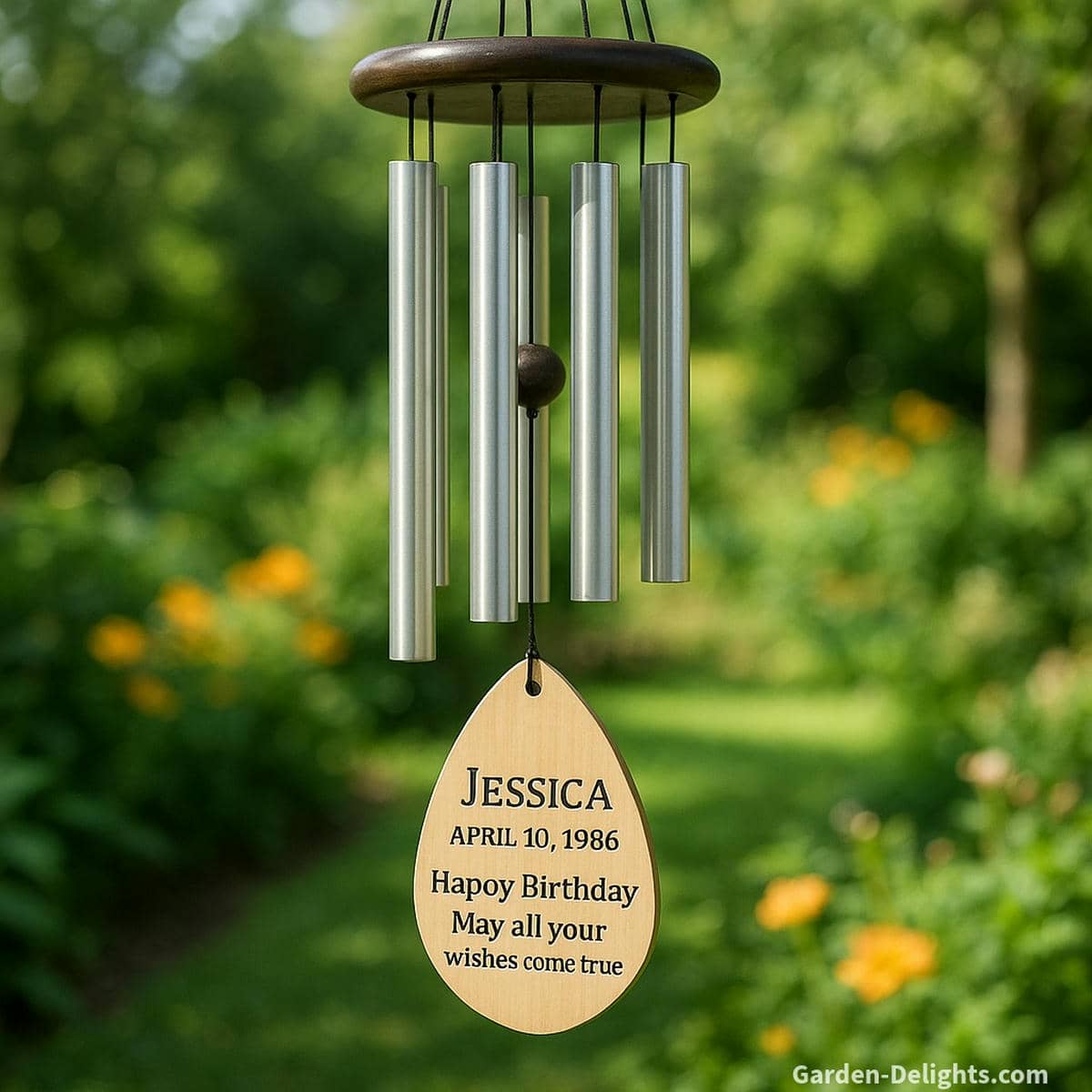 Personalized birthday wind chimes with engraved name, date, and message hanging in a sunlit garden celebrating meaning, memory, and heartfelt gifting
