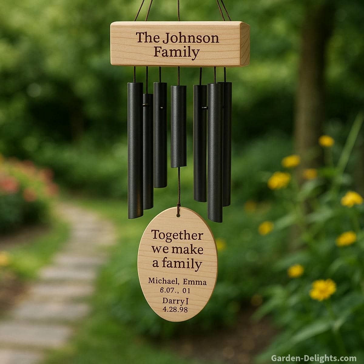 Engraved family name wind chimes with custom quote and children’s birthdates hanging in a peaceful garden, symbolizing love, legacy, and personalized keepsake meaning