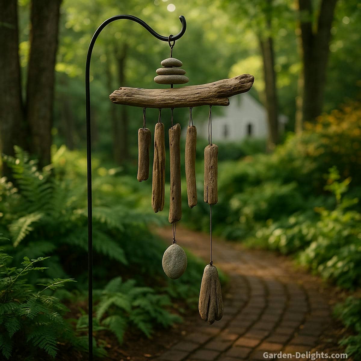 Rustic driftwood wind chimes with stone and reclaimed-wood accents hanging in a woodland-inspired garden, symbolizing earthy harmony and nature-focused gifting