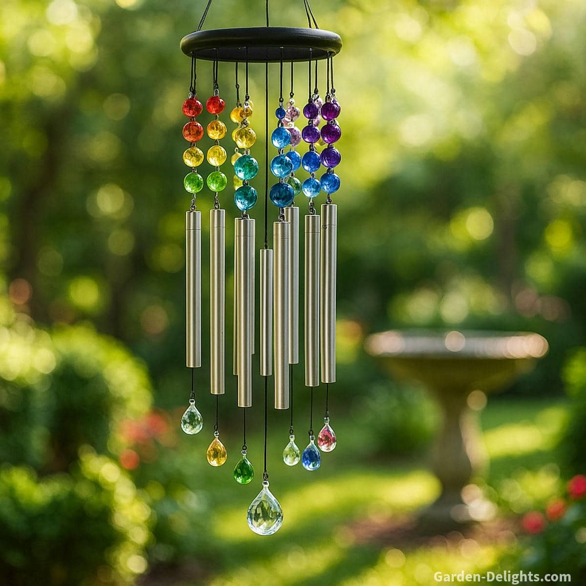 Chakra wind chimes with glowing crystal beads, seven-color strands, and meditative tones hanging in a bright garden sanctuary symbolizing energy alignment, emotional healing, and mindful spiritual gifting