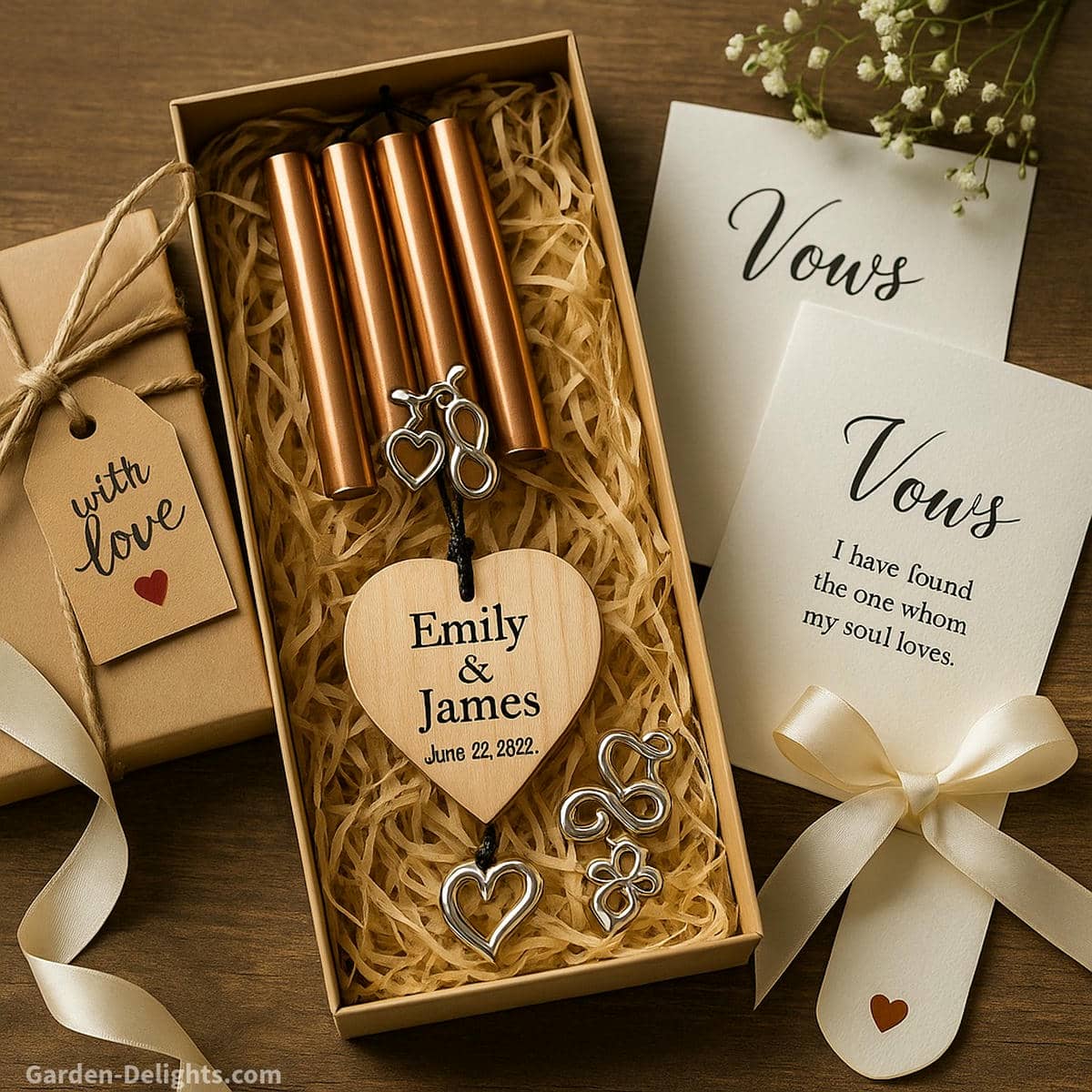 Personalized wedding and anniversary wind chimes displayed with engraved names, vow excerpts, and romantic charm details beside keepsake vow cards and symbolic gift wrapping for emotional meaning