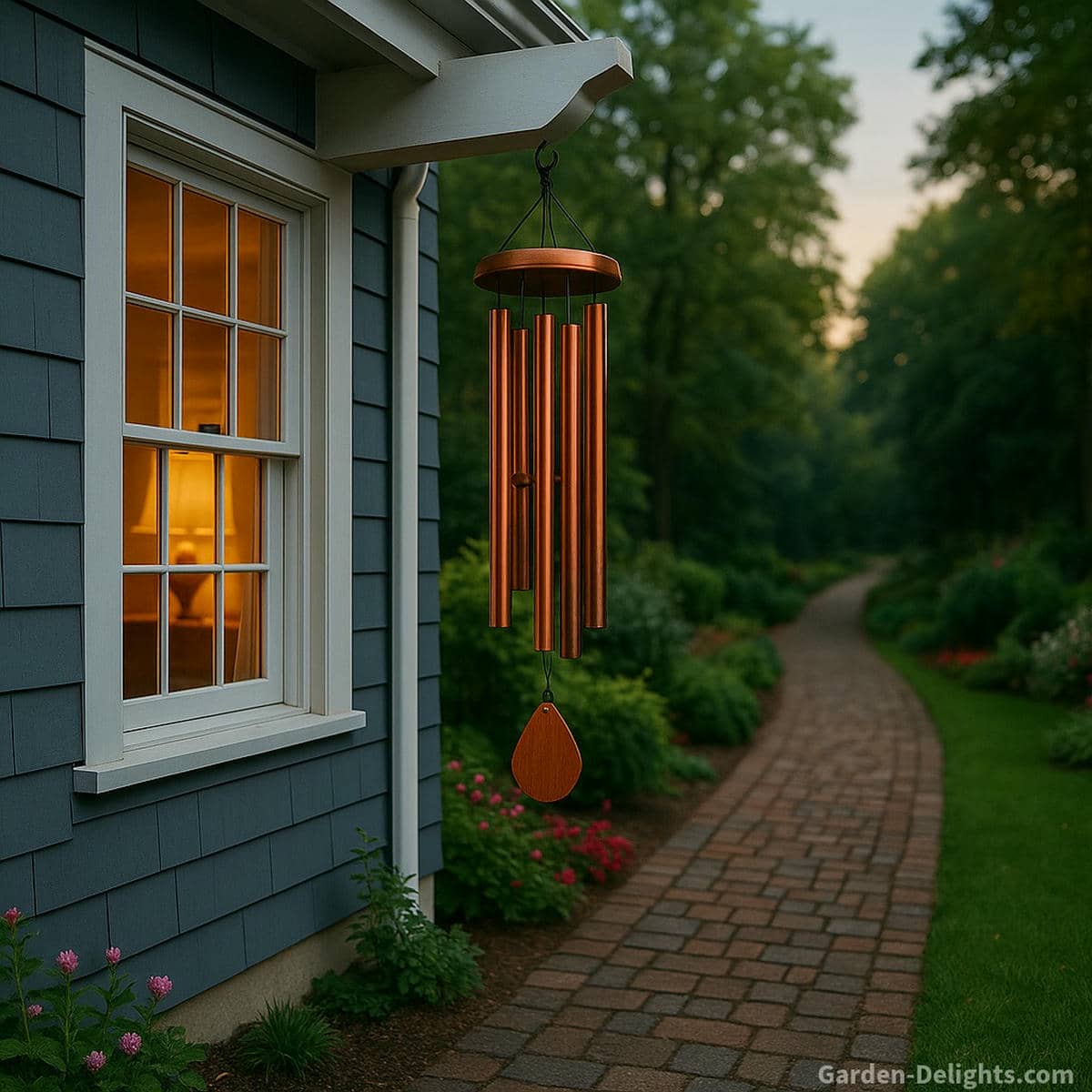 Wedding and anniversary wind chimes hanging on a romantic porch beam, garden pathway, and softly lit bedroom window, symbolizing unity, harmony, and the Feng Shui Southwest love corner