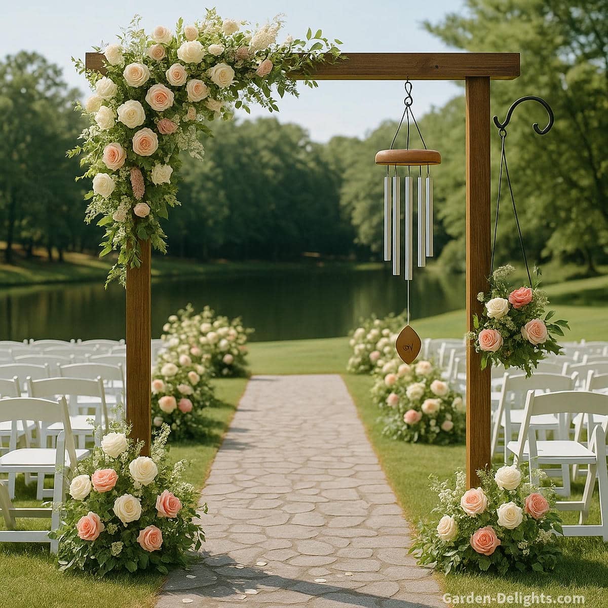 Wedding wind chimes hanging from a ceremony arch and lining a floral aisle, adding romantic movement, symbolic unity, and soft sound to the celebration décor