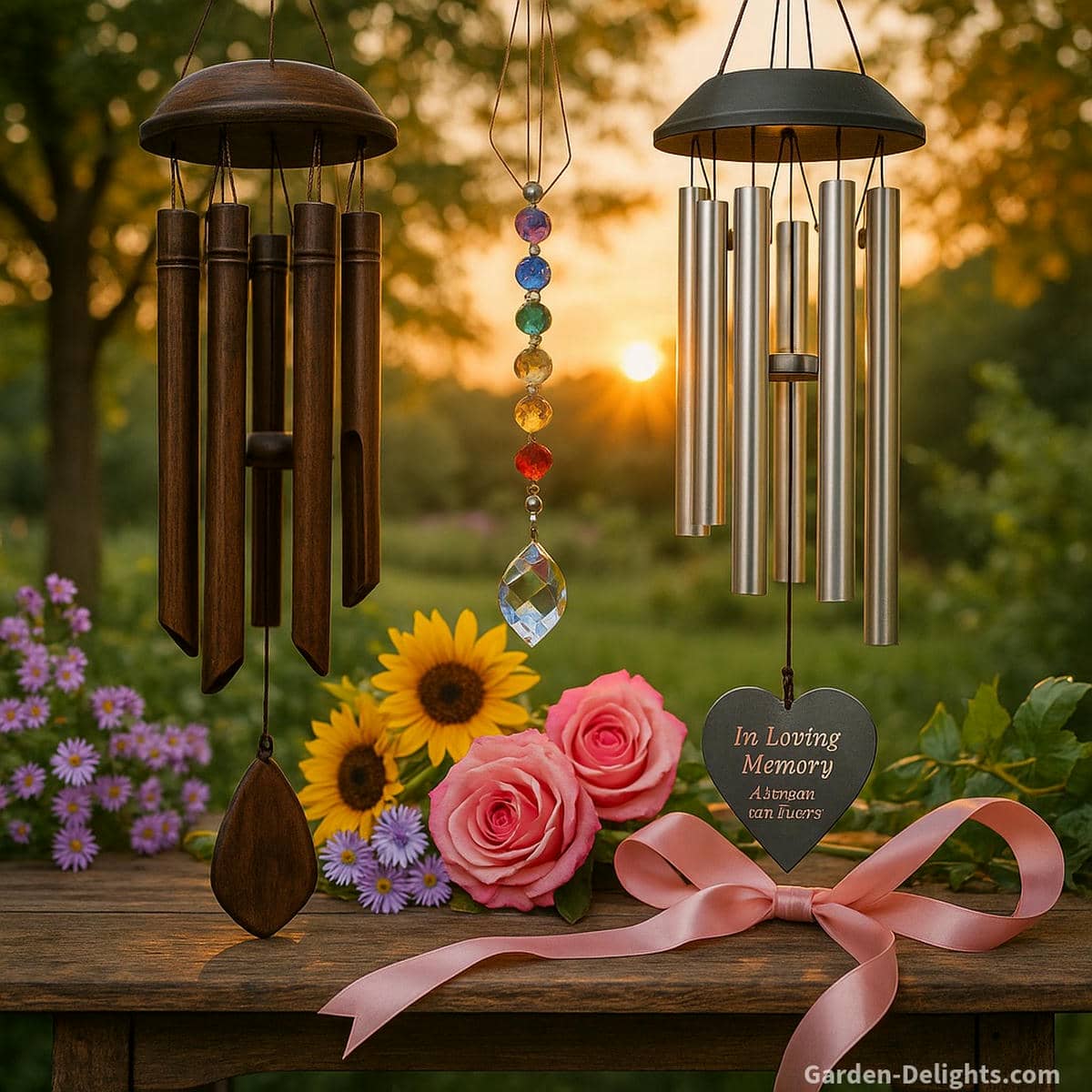 Wind chime gift display featuring engraved memorial chimes, crystal chakra chimes, and bamboo healing chimes arranged with flowers and ribbon on a garden table at sunset