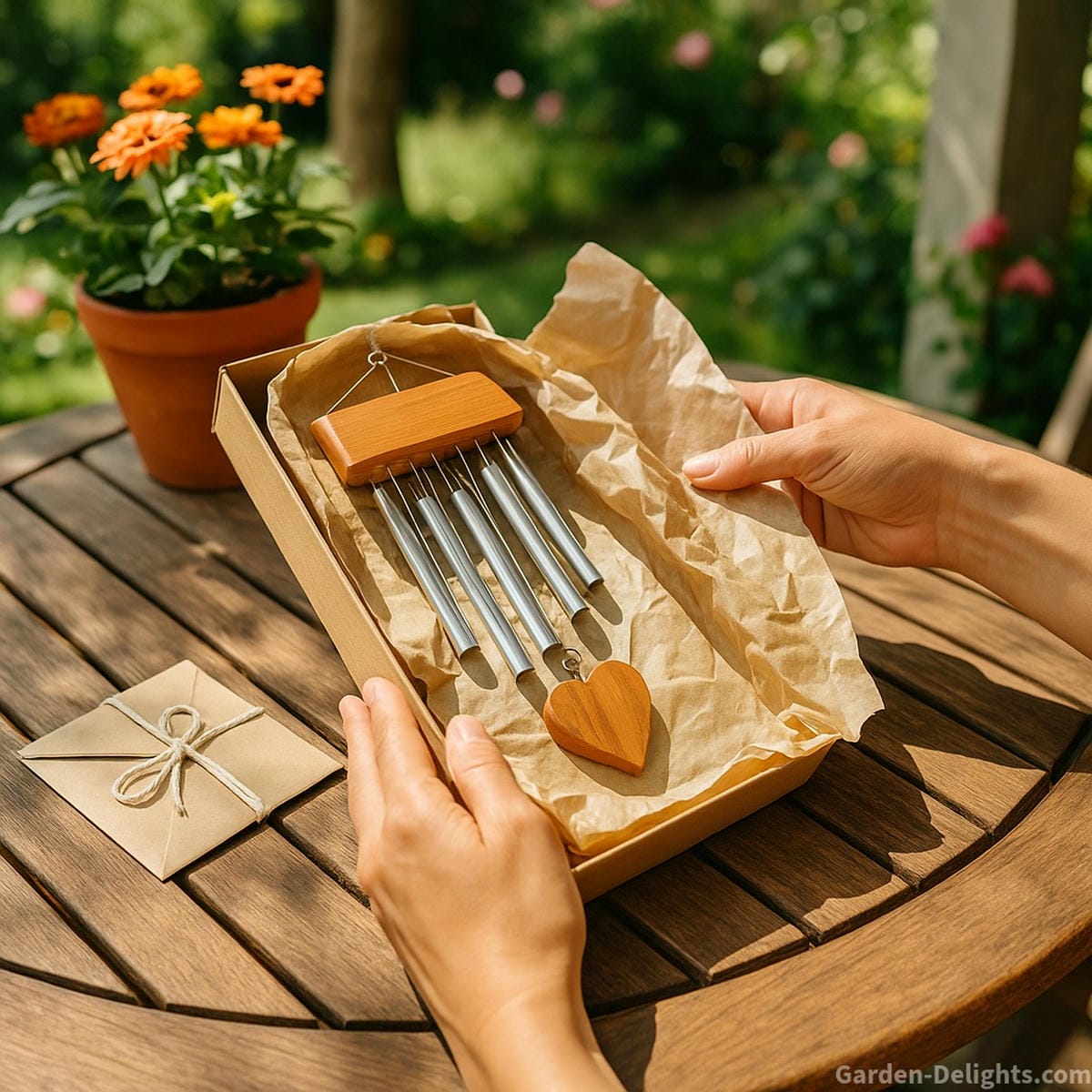 Wind chime gift being opened in a peaceful outdoor garden representing emotional healing, celebration, and the lasting power of sound and symbolism.