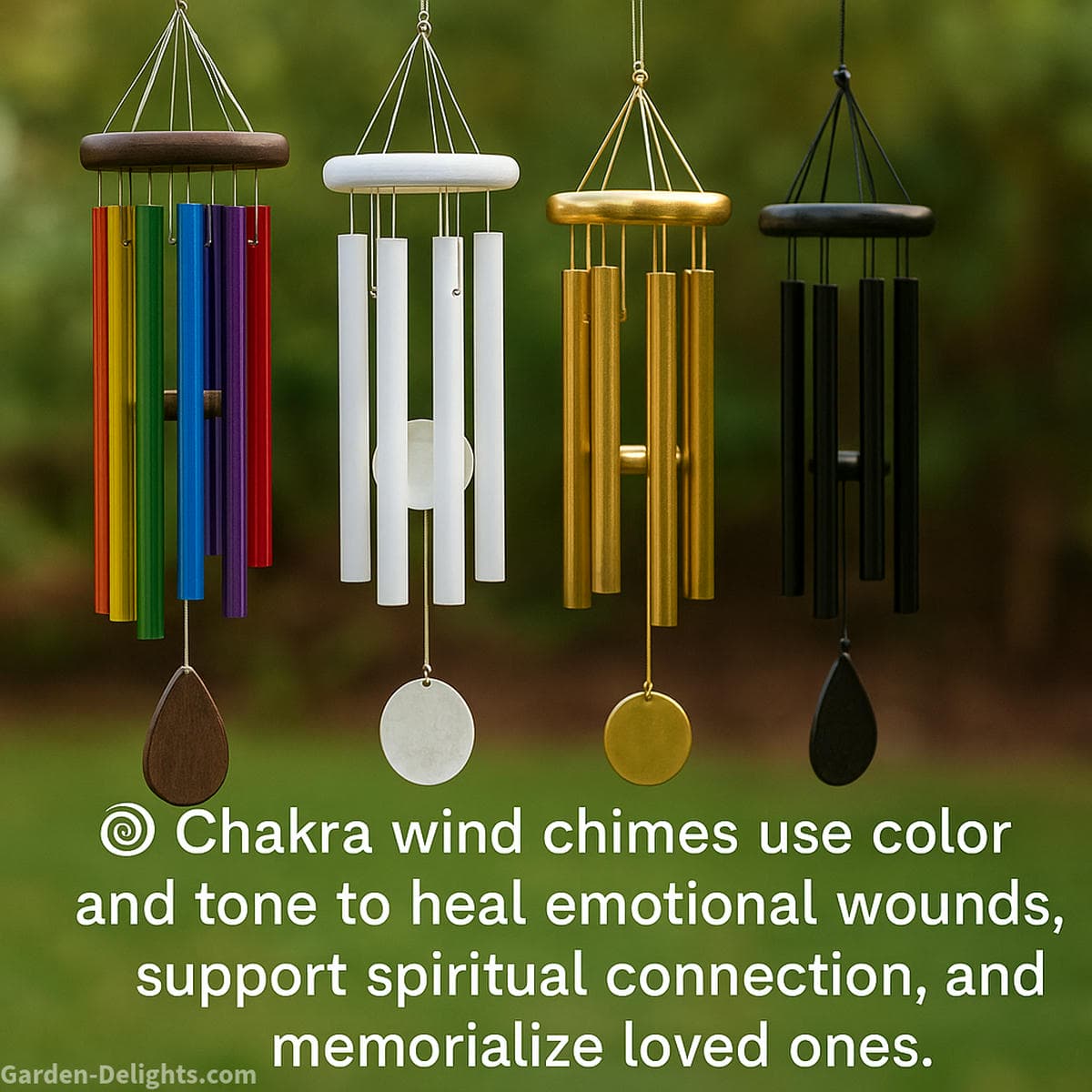 chakra wind chimes with rainbow white black and gold colors showing color symbolism emotional healing grief support and energy balance through sound vibration and airflow in garden patio and meditation spaces