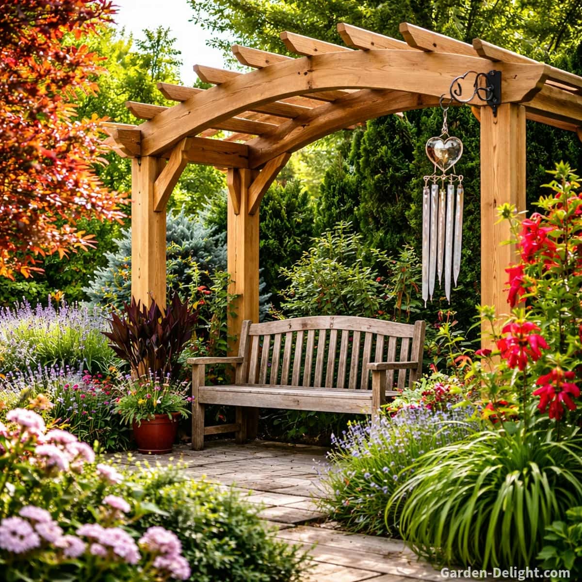 memorial wind chimes hanging from a decorative hook on a wooden patio pergola above a bench, creating soft sound in the breeze that symbolizes grief healing remembrance and emotional connection in a garden reflection space after loss