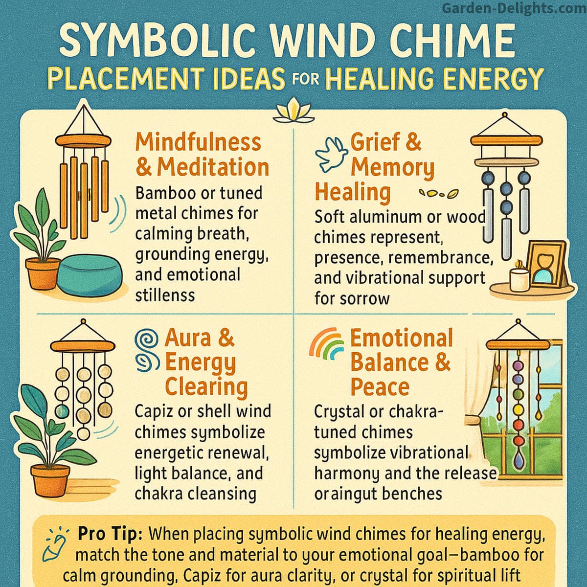 healing wind chime placement infographic showing where to hang wind chimes for healing energy chakra alignment and emotional balance in meditation rooms grief gardens balconies and peaceful home spaces using airflow and sound vibration
