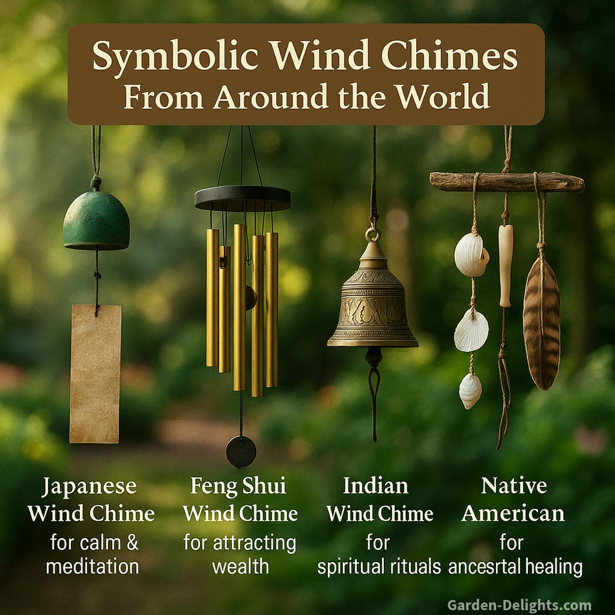 cultural symbolism of wind chimes featuring Japanese Furin glass chimes Chinese Feng Shui metal chimes Indian temple bells and Native American shell and wood chimes used for spiritual protection energy flow chakra alignment sacred sound rituals and ancestral connection in outdoor garden and meditation spaces