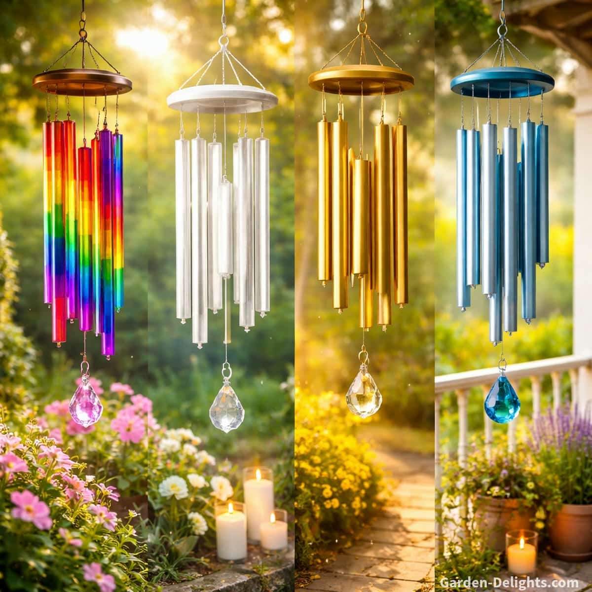 wind chime color symbolism showing rainbow white gold and blue chimes in garden patio and balcony spaces reflecting emotional healing grief support chakra energy balance and calming sound resonance through gentle airflow and light movement