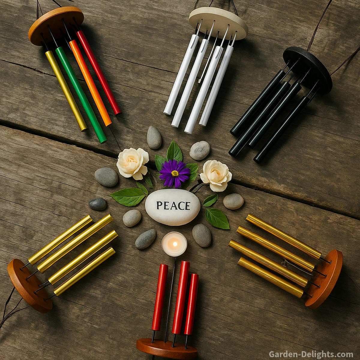 rainbow white black gold red wind chimes color symbolism showing chakra energy healing grief support emotional balance in garden and meditation spaces with soft and resonant tones moving through airflow