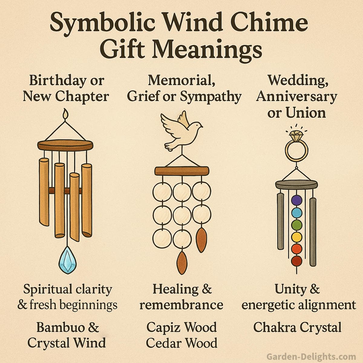 wind chime gift symbolism for birthday memorial and wedding featuring bamboo Capiz crystal and stained glass chimes showing emotional healing grief support spiritual connection and balanced sound resonance in garden patio and balcony spaces