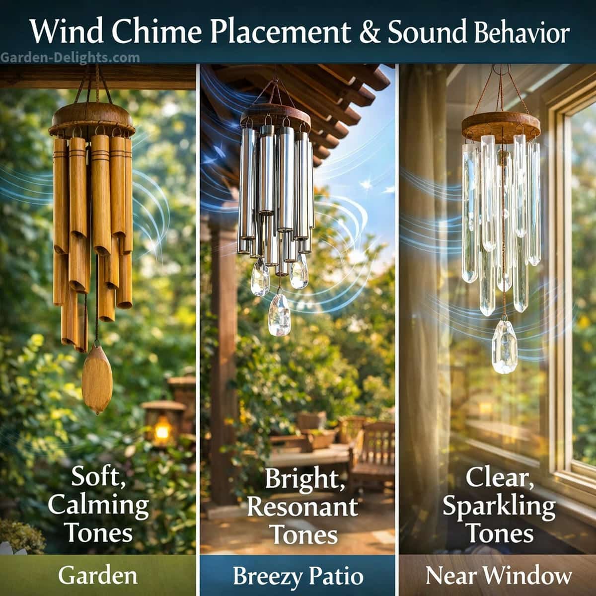 wind chime placement and sound behavior showing bamboo chimes in calm garden aluminum chimes in breezy patio and crystal chimes near window with airflow affecting tone resonance and frequency