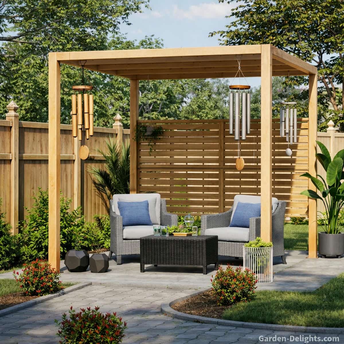 wind chime symbolism in a peaceful backyard pergola with natural wood grain structure showing bamboo wind chimes and metal wind chimes hanging in soft sunlight creating gentle airflow sound resonance emotional balance and calming energy flow in outdoor patio garden space
