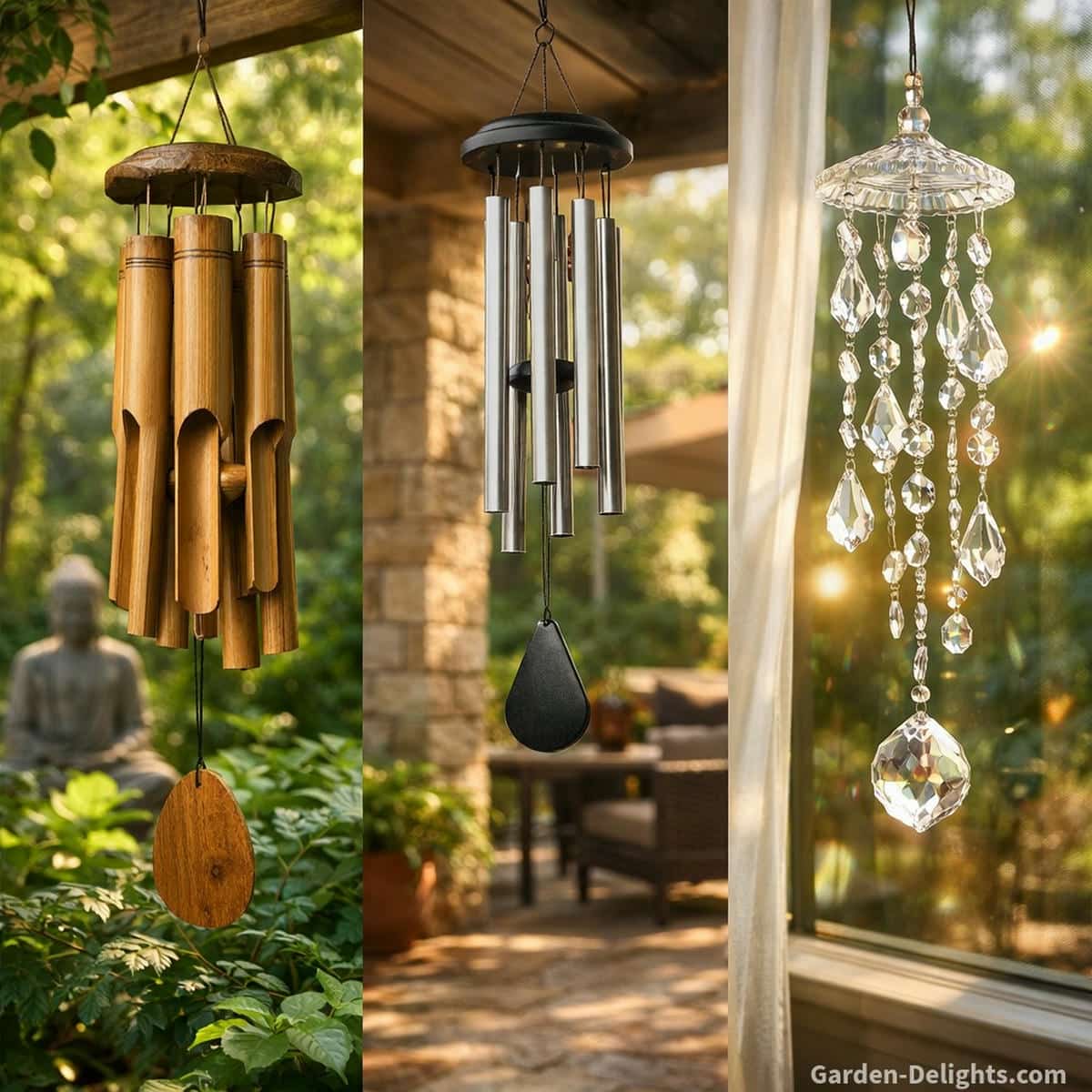 choosing wind chimes based on symbolism showing bamboo metal and crystal wind chimes placed in garden patio and window spaces with sunlight airflow and soft movement demonstrating sound resonance emotional energy flow and spiritual placement meaning