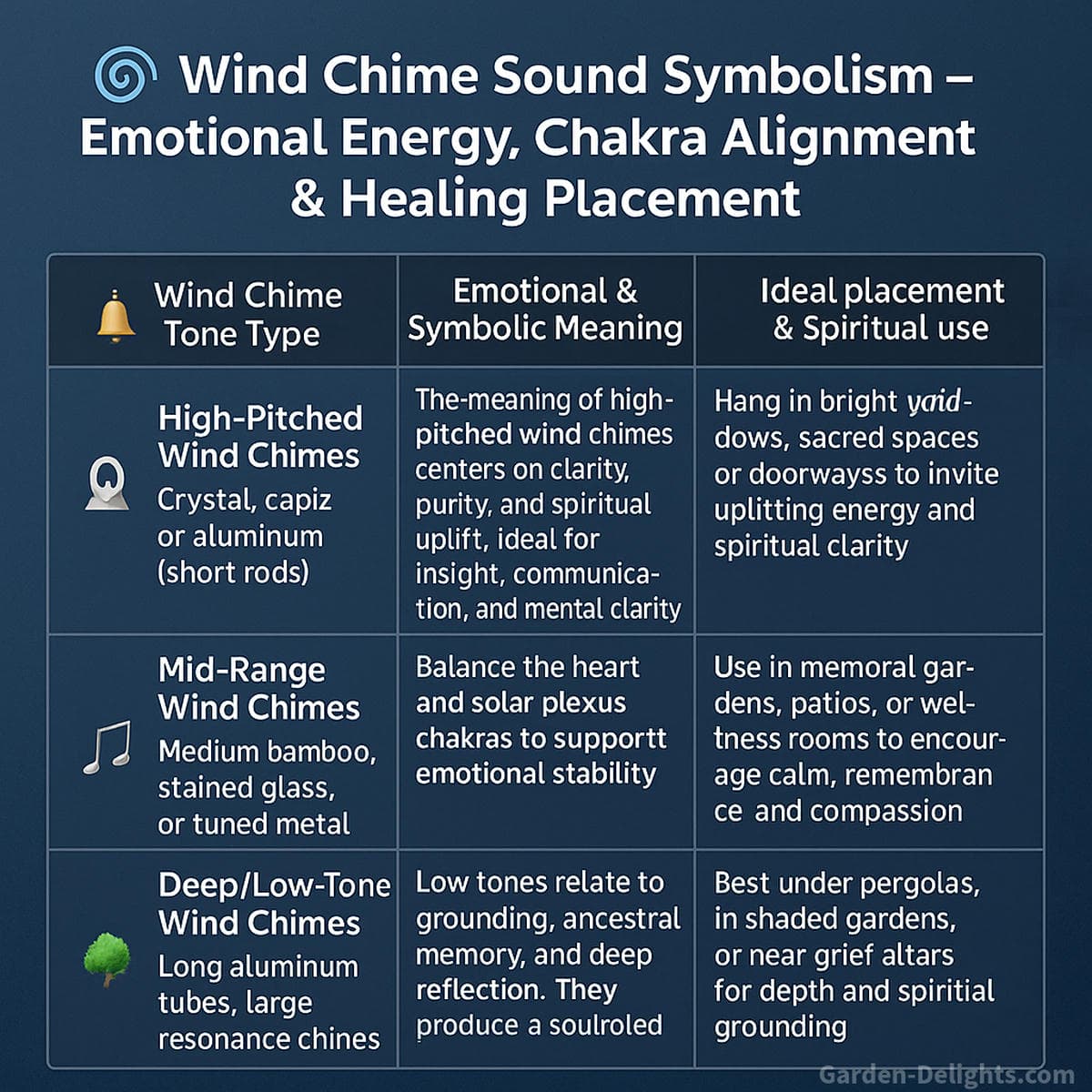 wind chime tone symbolism chart showing high mid and low tone meaning for emotional healing chakra alignment frequency resonance and spiritual grounding in meditation garden and peaceful outdoor spaces