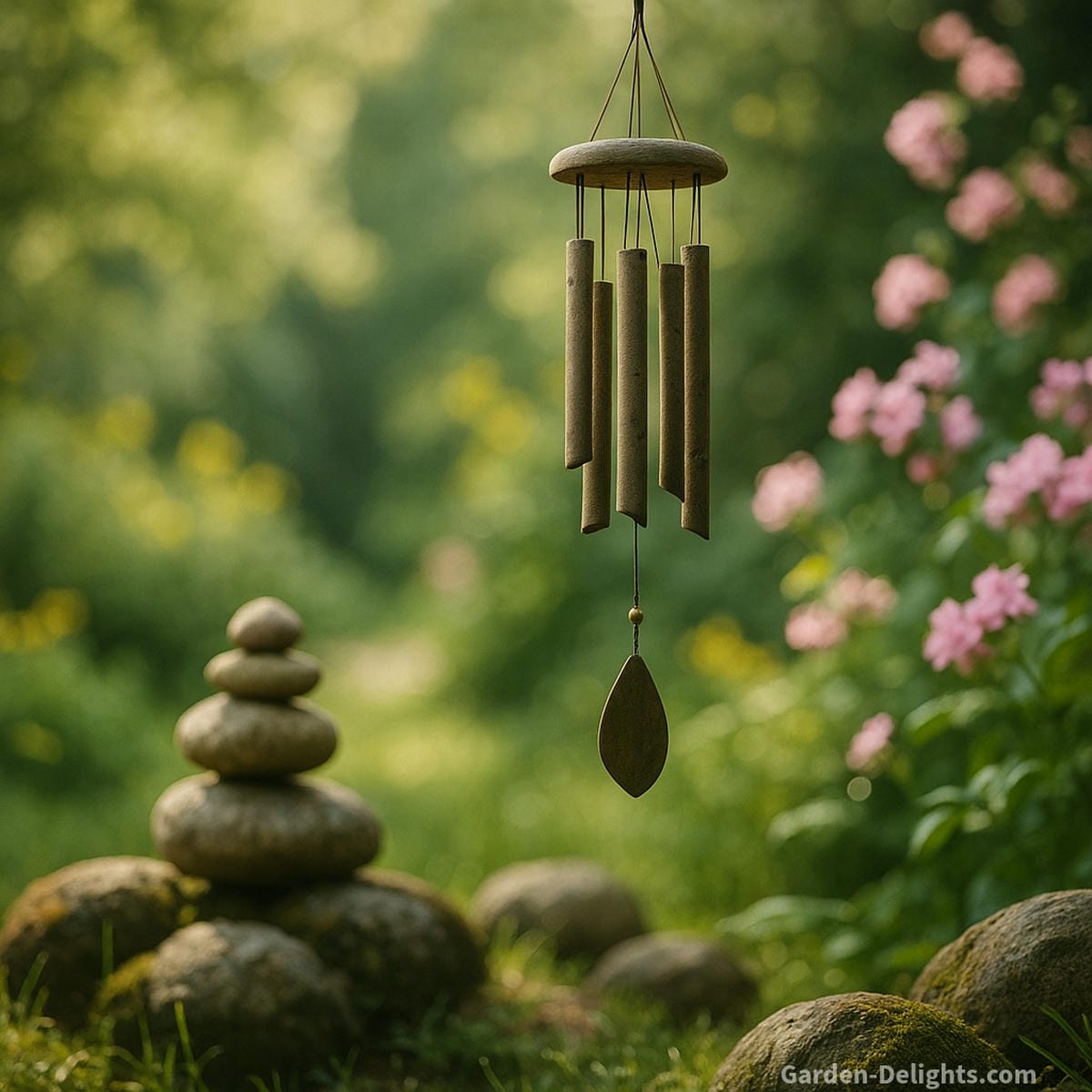 Symbolic wind chimes swaying peacefully in a tranquil garden near stones and flowering plants representing healing, memory, intention, and spiritual connection through sound and placement.