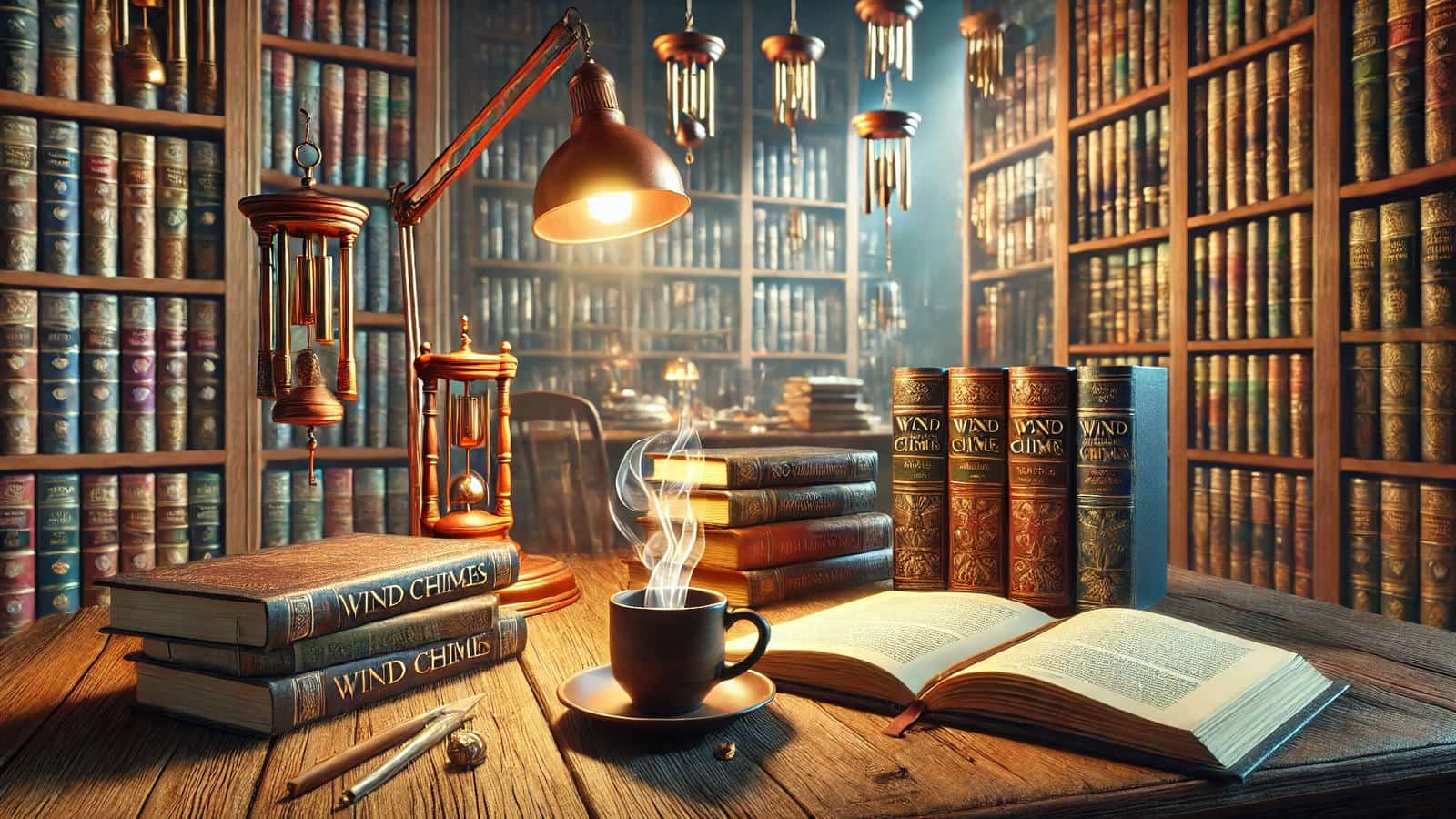 wind chimes directory concept in a cozy library setting with books, warm lighting, and decorative chimes, representing discovery of different wind chime types, tones, and design inspiration