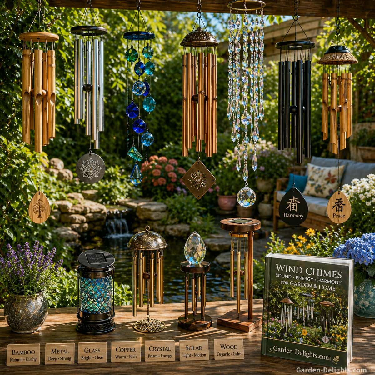 Mixed wind chimes displayed across a calm garden and patio setting with bamboo metal glass and solar designs gently moving in soft airflow, creating peaceful sound, balanced energy, and decorative harmony through natural placement and soothing outdoor atmosphere