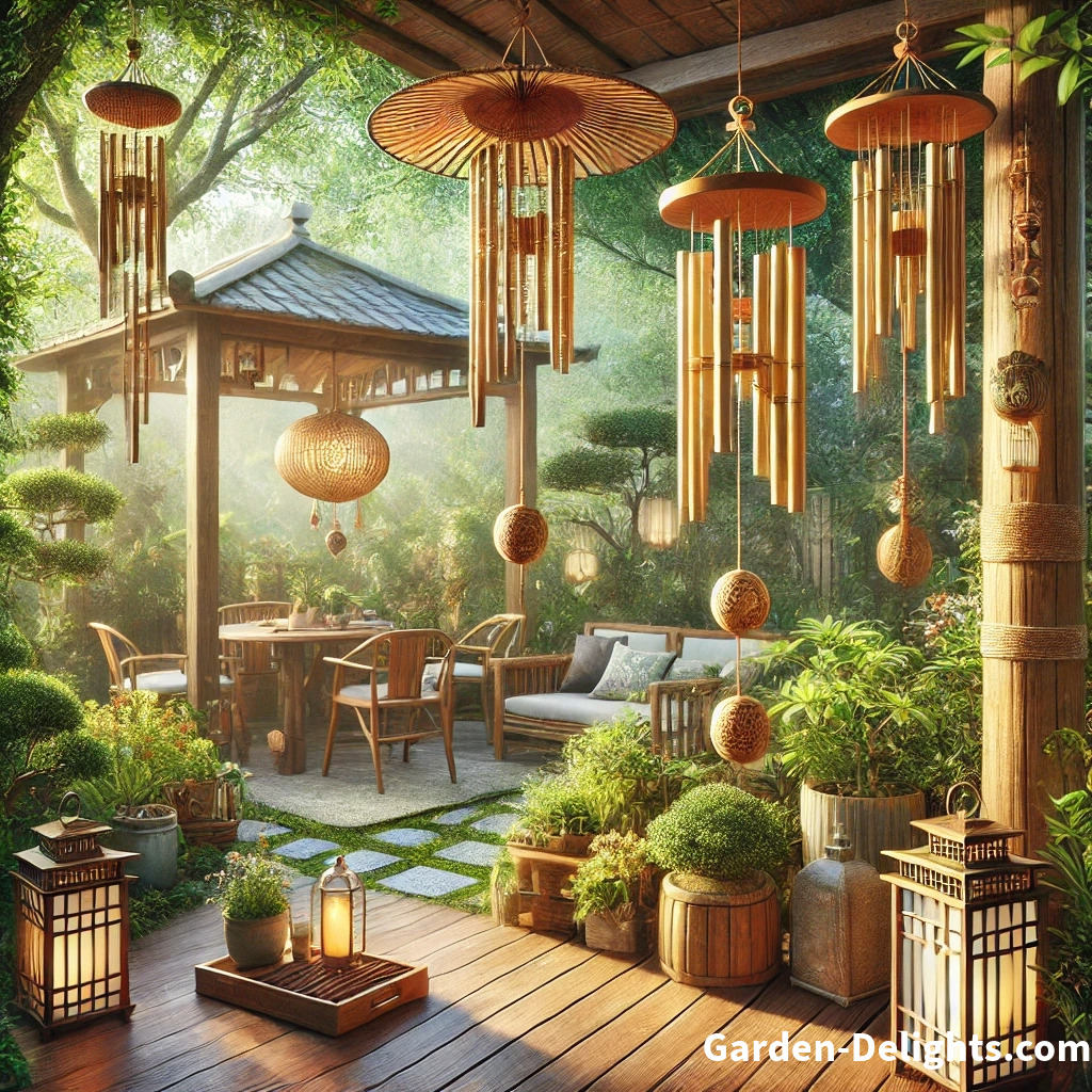 🎍 Wooden and bamboo wind chimes under a tree 🌳 and gazebo 🏡, with sunlight 🌞 and eco-friendly décor 🌿 creating a tranquil garden ambiance.